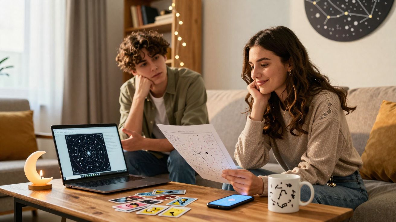 Duas pessoas sentadas a analisar mapas astrológicos e cartas do tarot numa mesa com laptop, chávena e candeeiro em forma de l