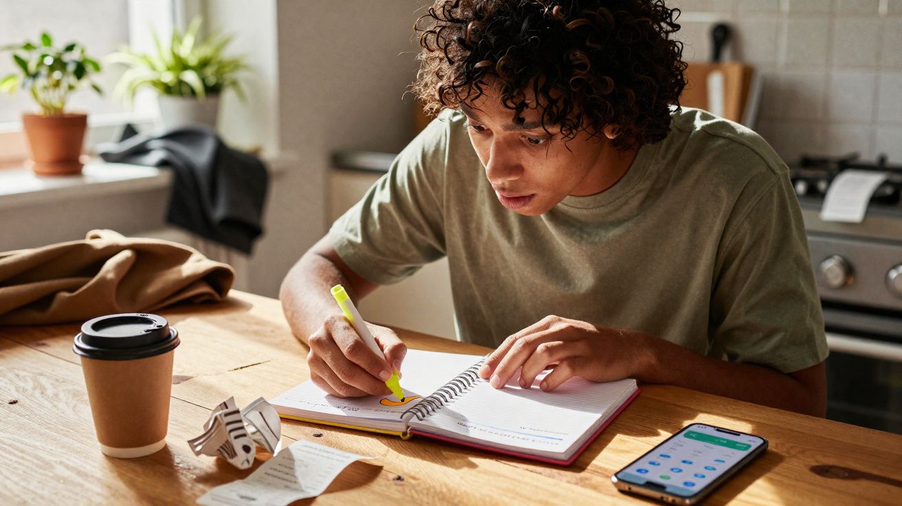 Pessoa jovem a destacar notas com marcador amarelo num caderno, sentado à mesa com café e telemóvel à vista.