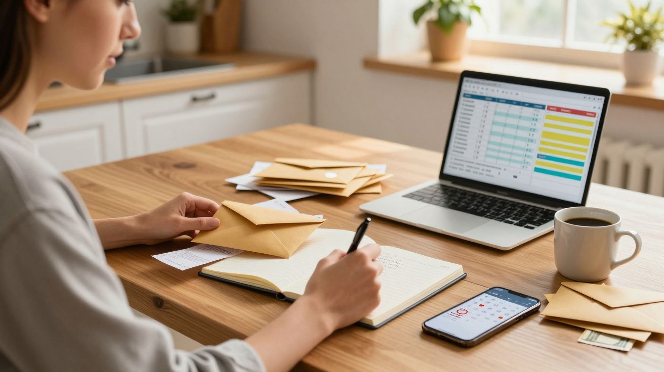 Pessoa a escrever num caderno com envelopes, computador portátil a mostrar tabela e telemóvel com calendário numa mesa de mad