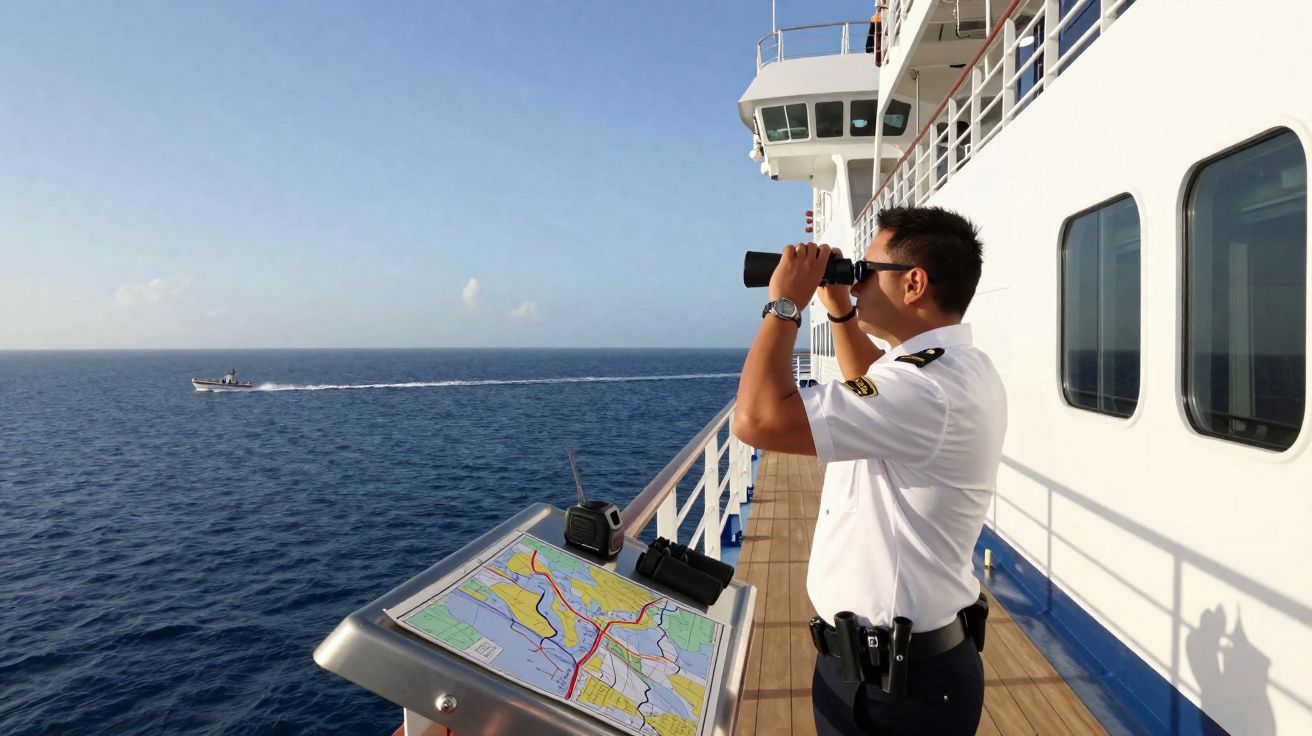 Marinheiro em convés de navio observa o mar com binóculos, com mapa e rádio à sua frente.