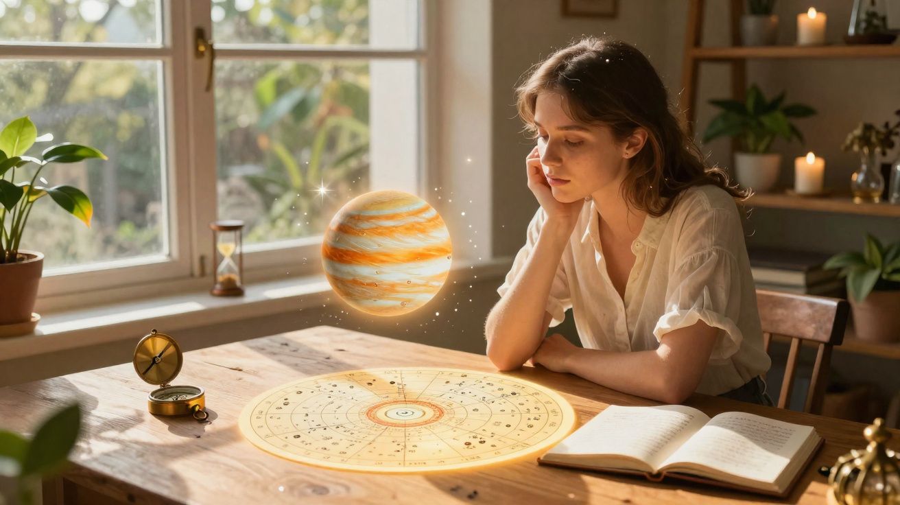Mulher a observar um holograma do planeta Júpiter sobre uma mesa com mapa astronómico e livro aberto.