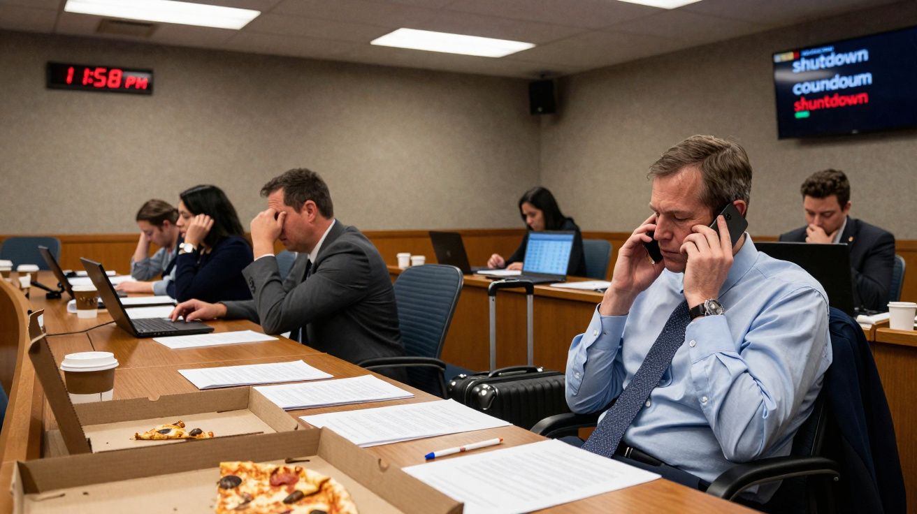 Sala de reunião com pessoas a trabalhar em laptops e documentos, uma pessoa a falar ao telefone, caixas de pizza na mesa.