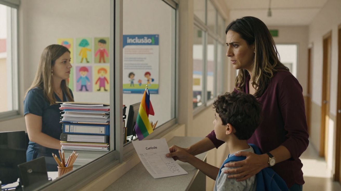 Mãe e filho a entregarem um documento na receção de uma escola com funcionária atrás do vidro.