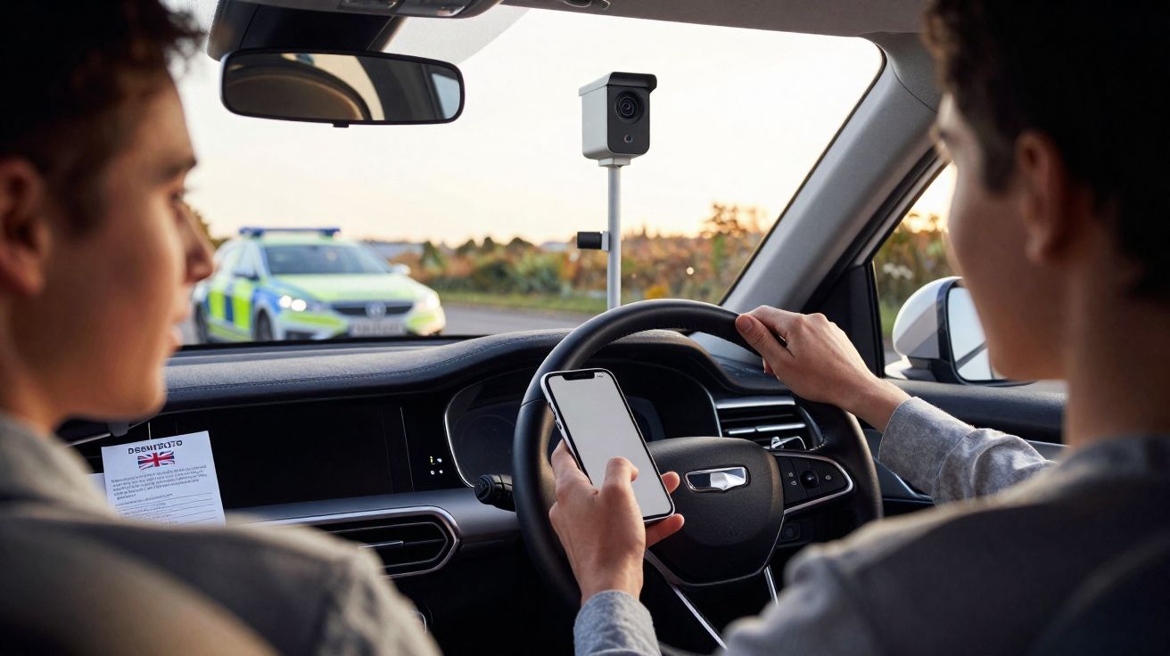Dois jovens no carro, um a segurar telemóvel e polícia visível fora do veículo em plano de fundo.