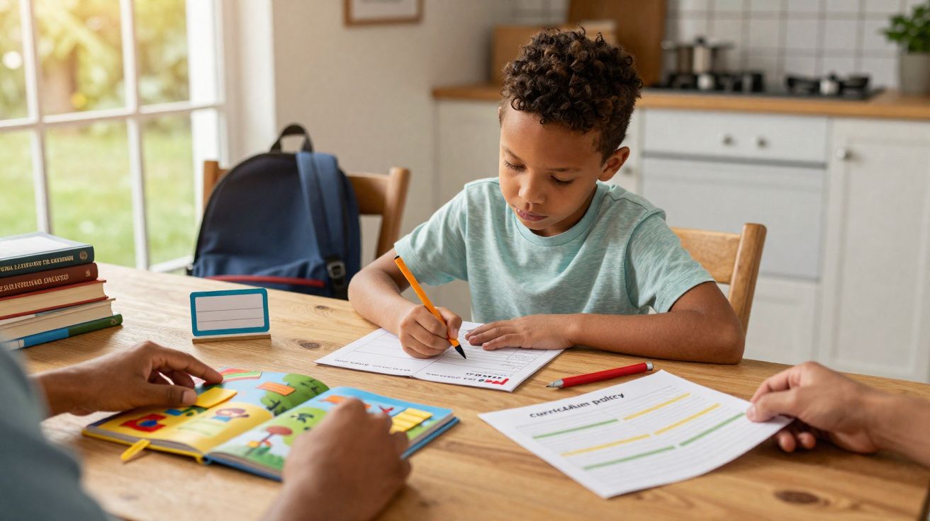 Menino a fazer trabalhos de casa numa mesa com livros enquanto duas pessoas o ajudam numa divisão luminosa.
