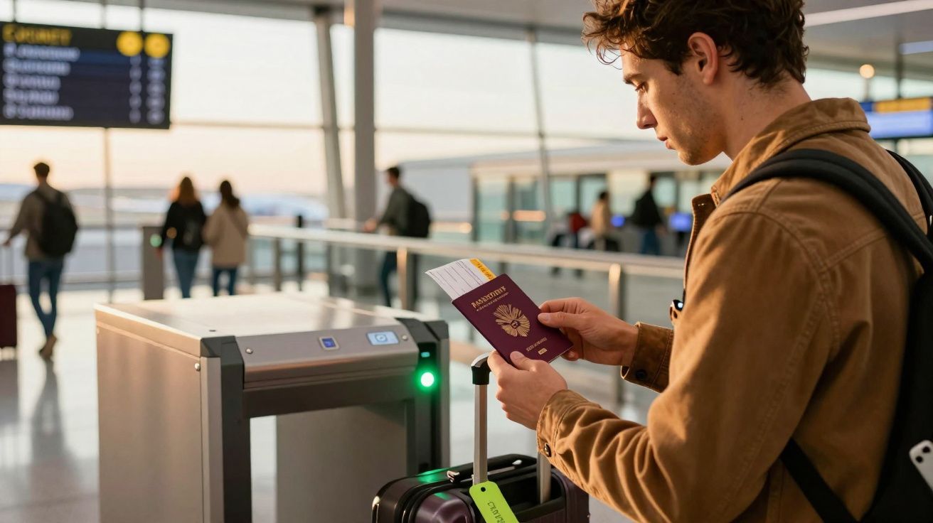 Homem no aeroporto a verificar passaporte e cartão de embarque junto a leitor automático de acesso.
