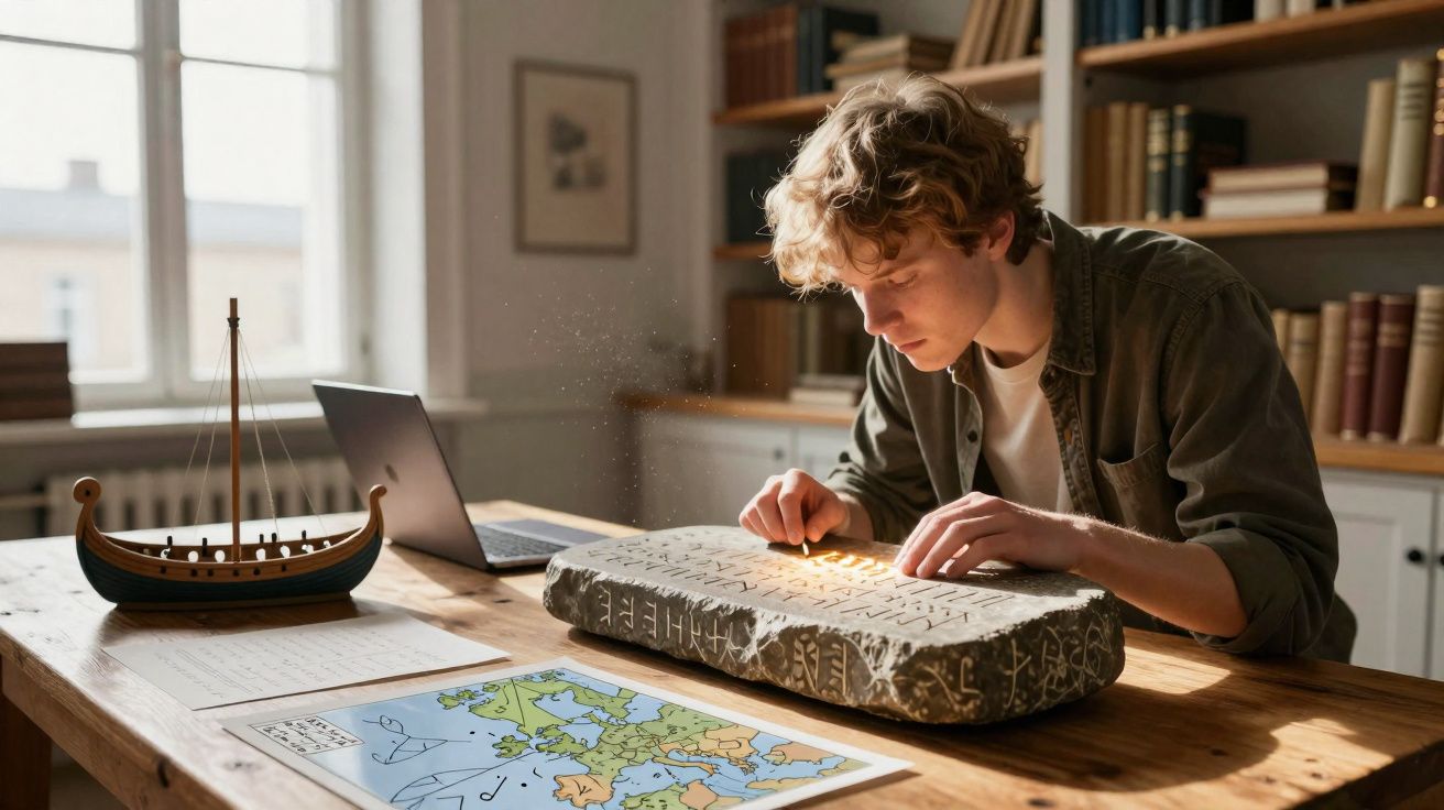 Jovem a analisar uma pedra com inscrições antigas numa sala com livros, mapa da Europa e modelo de barco viking.