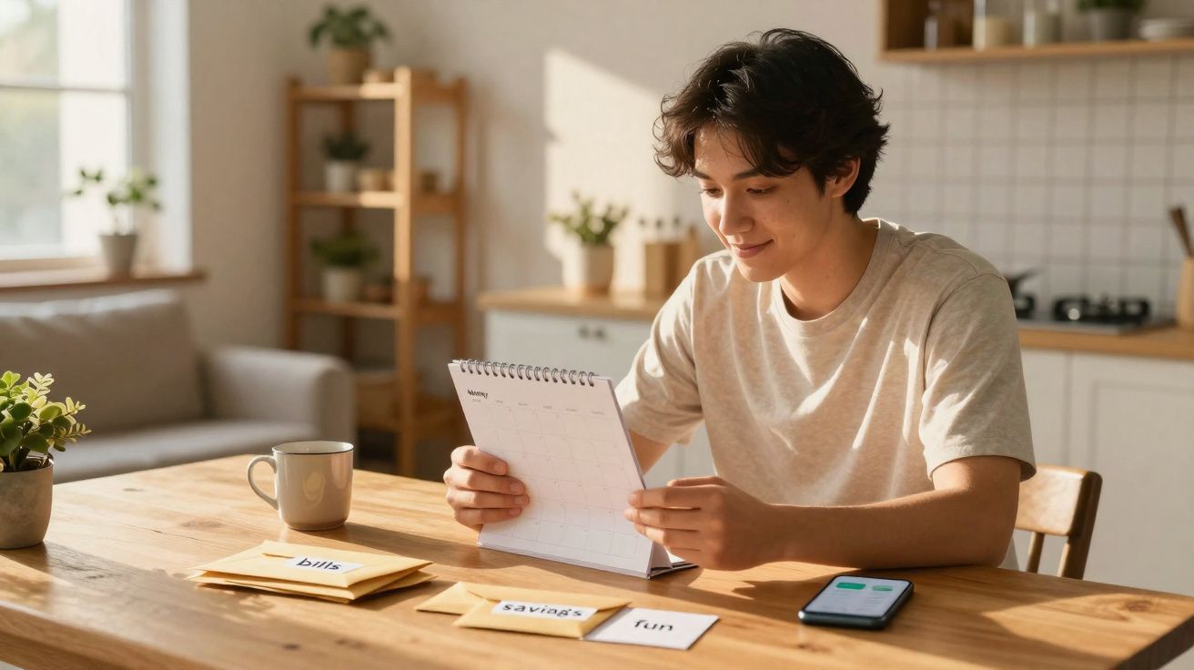 Jovem sentado à mesa a organizar finanças com calendário, envelopes etiquetados e telemóvel numa cozinha luminosa.