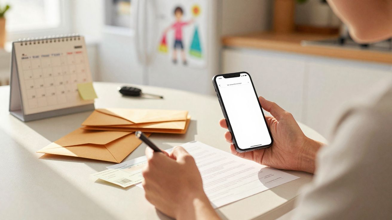 Pessoa a segurar telemóvel e caneta com documentos e envelopes sobre mesa iluminada por luz natural.