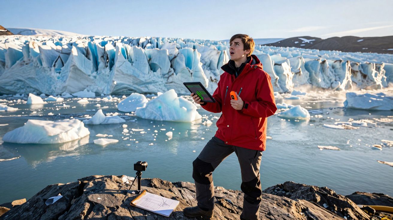 Pessoa com casaco vermelho a estudar glaciares junto a água com blocos de gelo e equipamentos científicos.