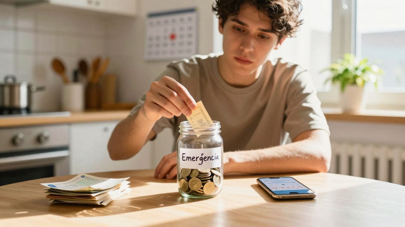 Jovem a guardar dinheiro numa jarra rotulada "Emergência" numa cozinha luminosa.