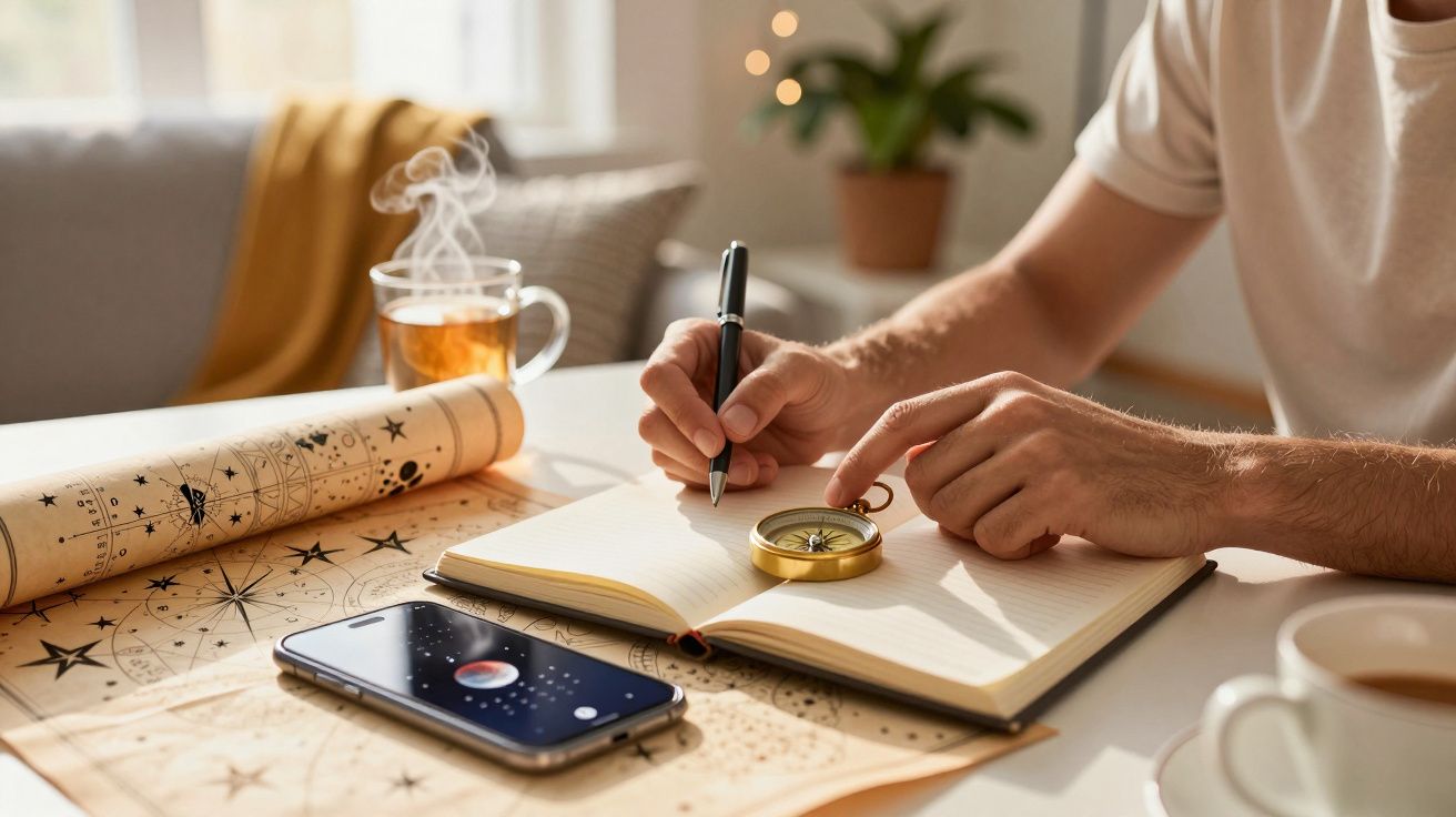 Pessoa a escrever num caderno com bússola, smartphone, mapa astral e chá quente numa mesa iluminada pela luz natural.