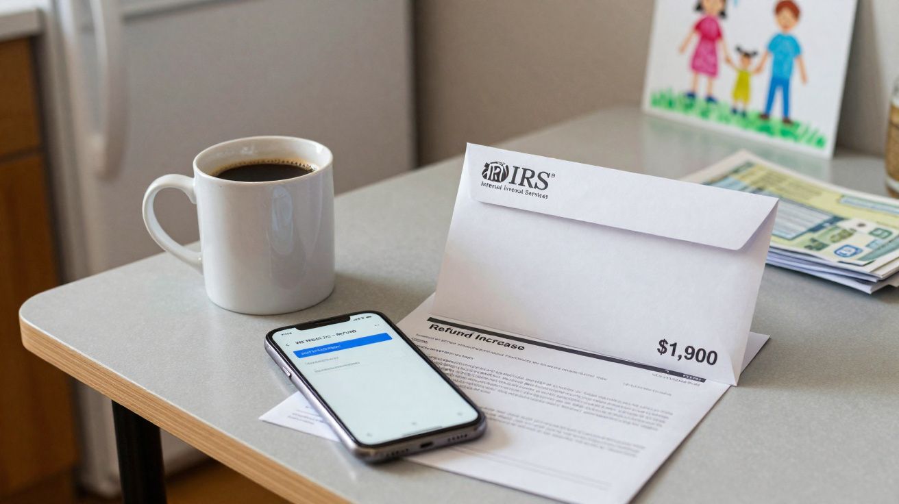 Mesa com carta do IRS, telemóvel com ecrã de mensagem e caneca branca com café.