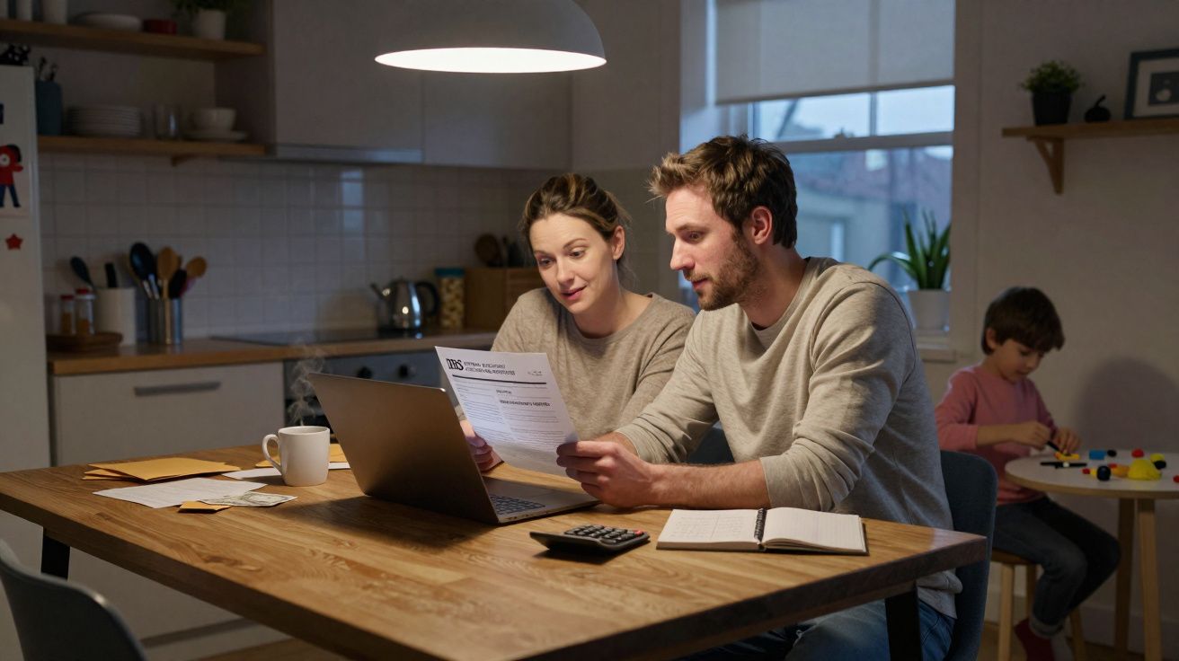 Casal jovem a analisar documentos e usar computador numa cozinha, enquanto criança brinca ao fundo.