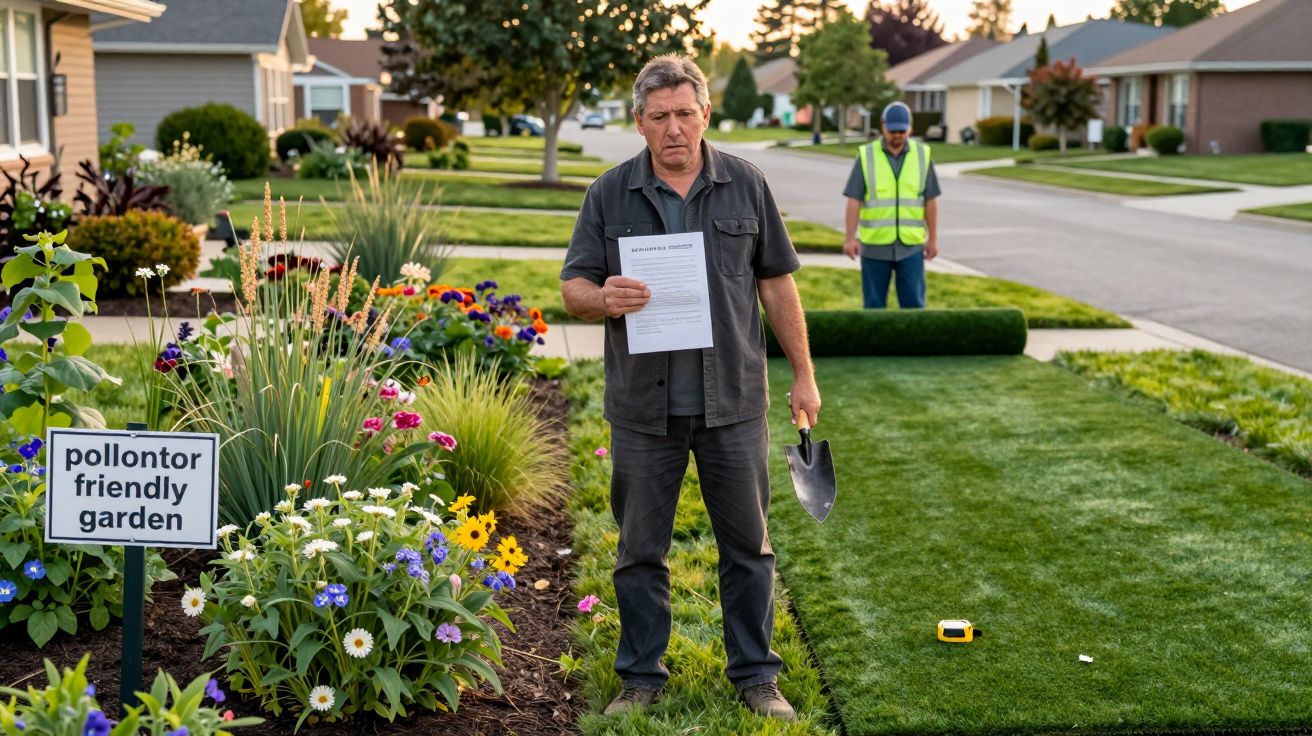 Homem com pá e papel em jardim florido ao lado de um trabalhador a colocar relva artificial numa rua residencial.