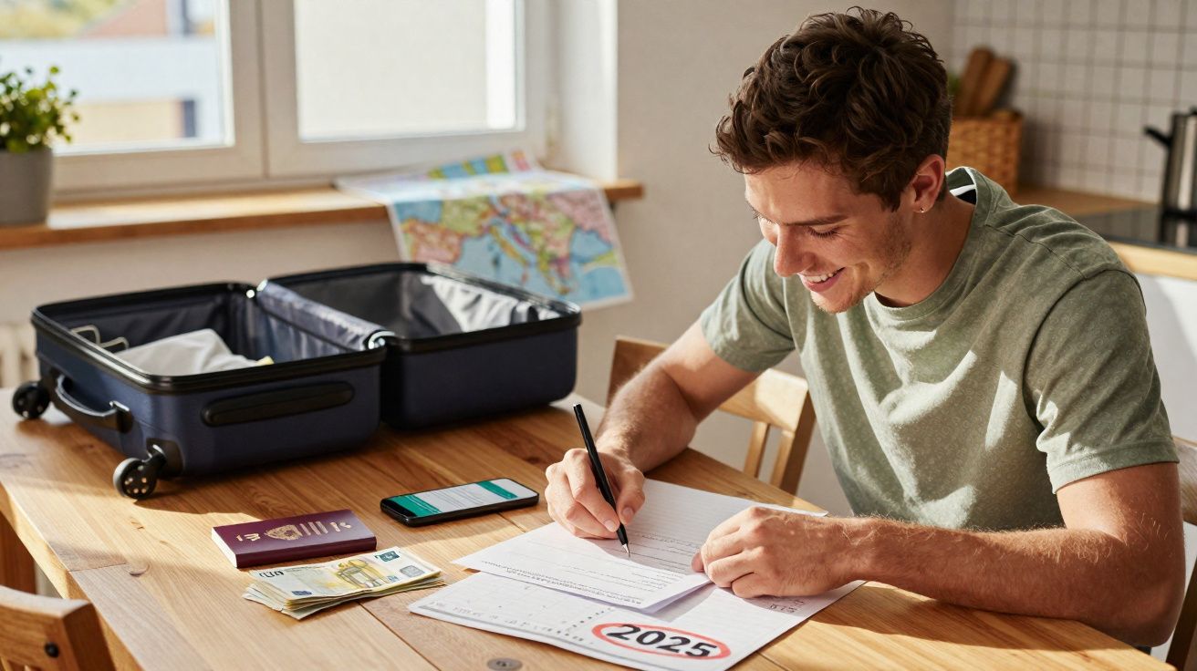 Homem a planear viagem com caderno de notas, passaporte, dinheiro e mala aberta sobre mesa em casa.