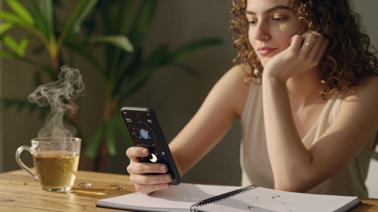 Mulher sentada a olhar para o telemóvel com chá quente ao lado e caderno aberto numa mesa de madeira.