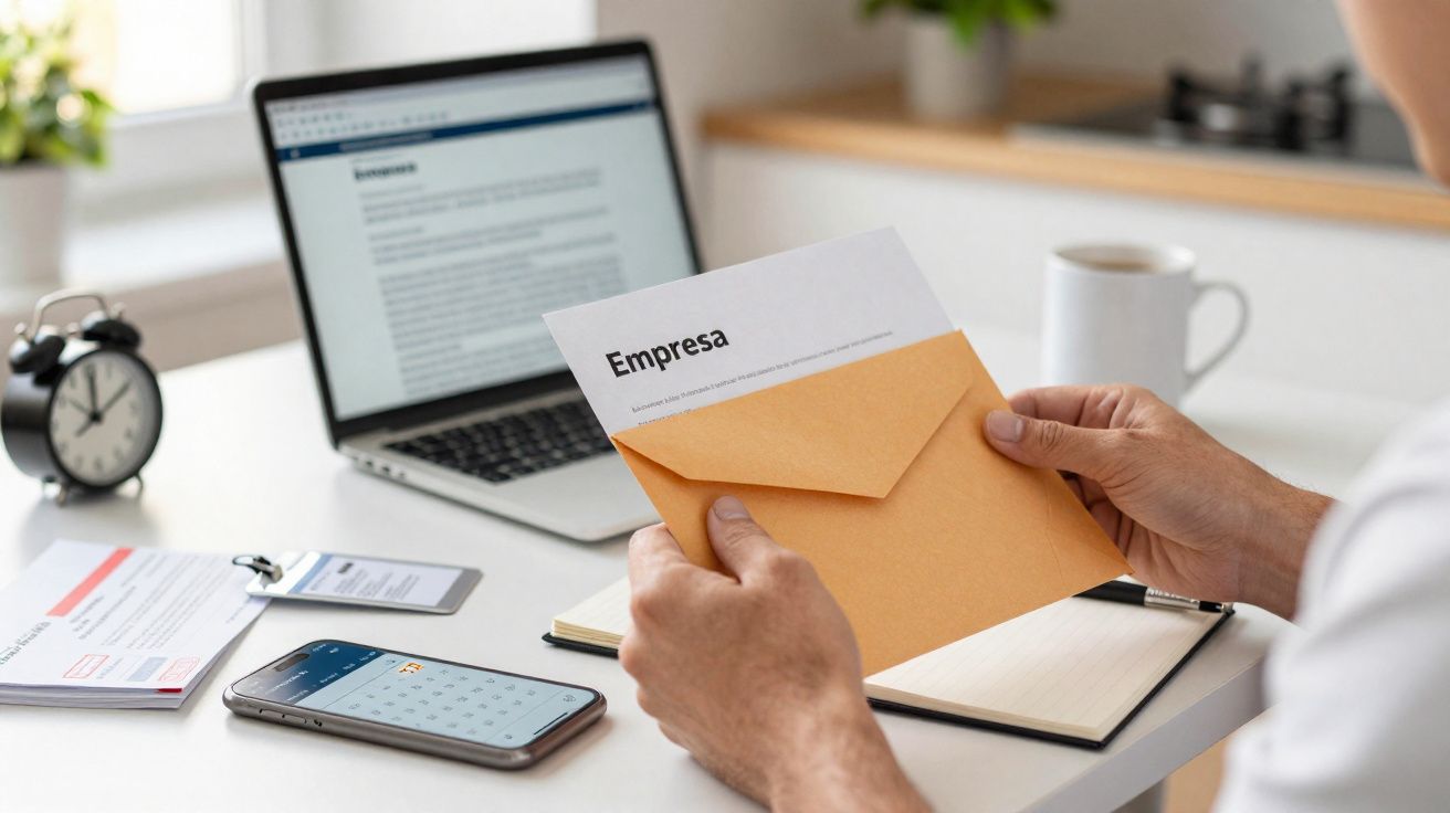 Pessoa a ler carta com envelope num escritório com computador portátil e telemóvel na secretária.