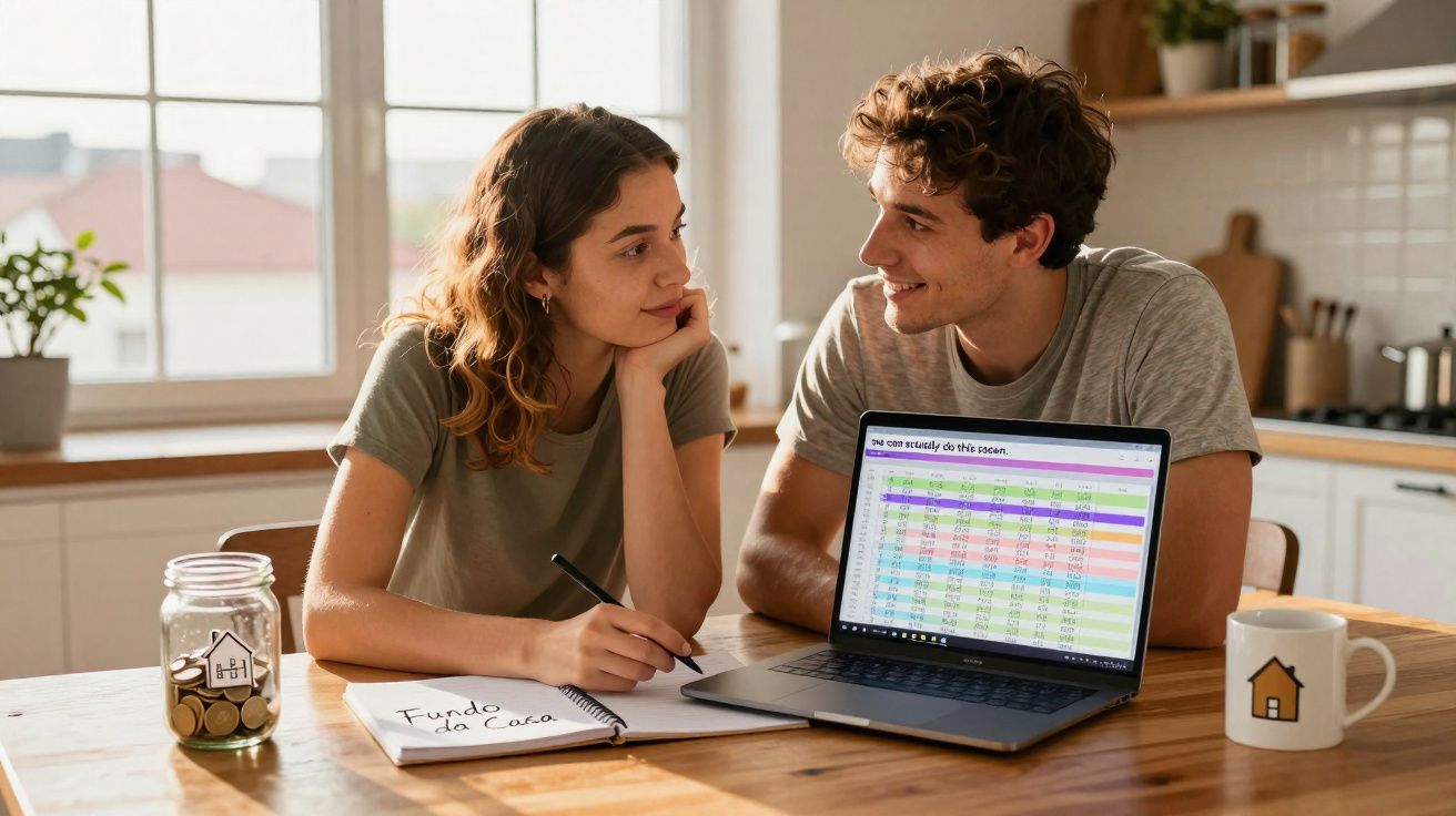 Casal jovem a planear orçamento doméstico na cozinha com caderno, portátil e mealheiro à frente.