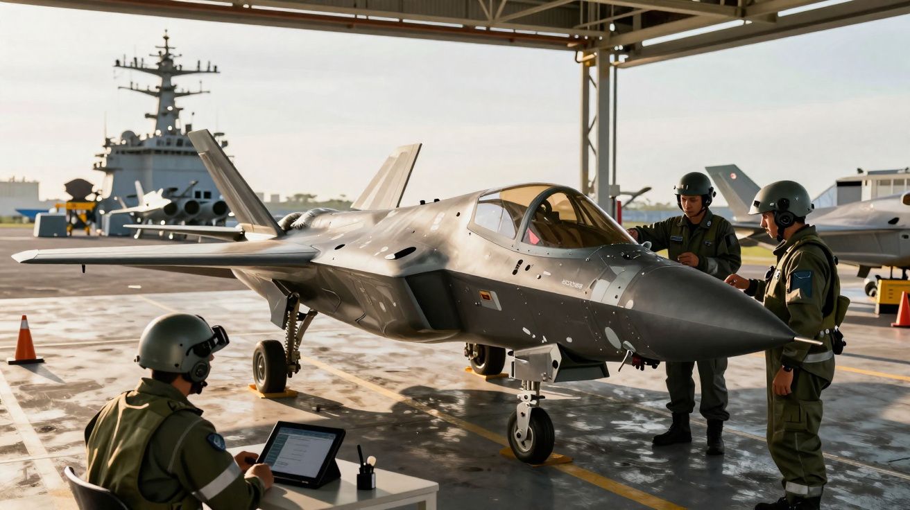 Caça furtivo estacionado em hangar com três militares em equipamento de voo ao redor.