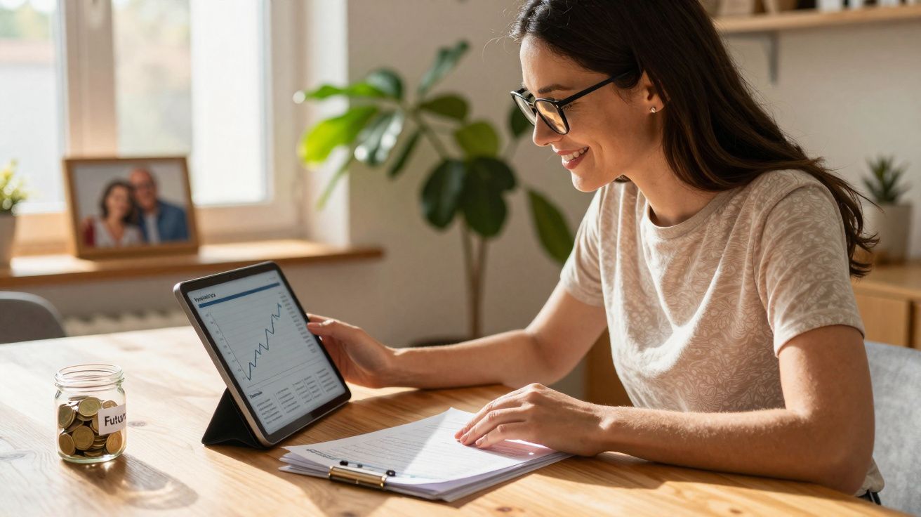 Mulher a sorrir enquanto consulta gráficos financeiros num tablet numa mesa com caderno e jarra de moedas.
