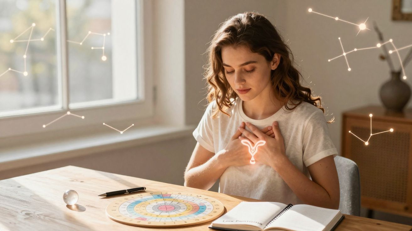 Jovem mulher sentada à mesa com diagrama astrológico, livro aberto e símbolos de signos zodiacais brilhantes.