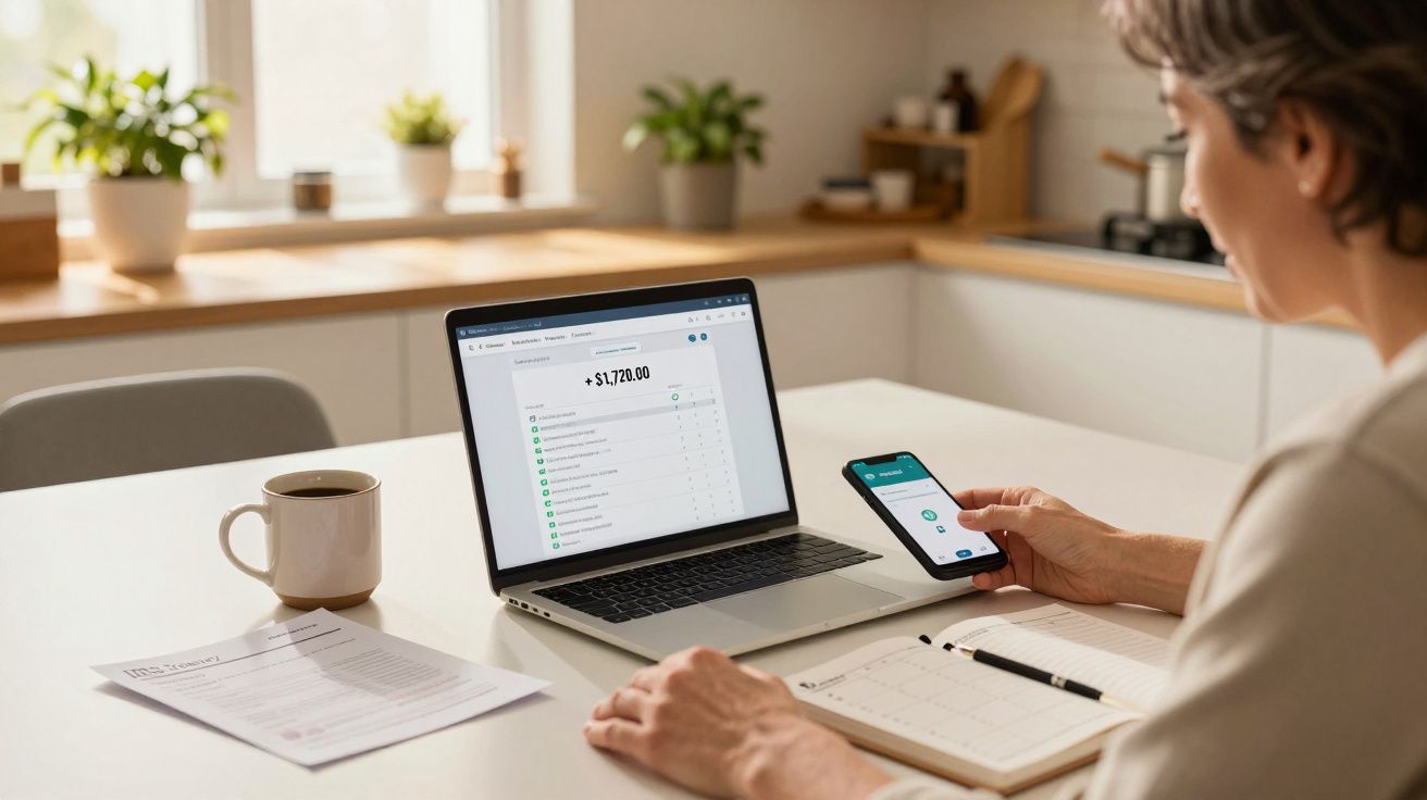 Pessoa a consultar finanças no portátil e smartphone numa cozinha, com caderno e caneca na mesa.