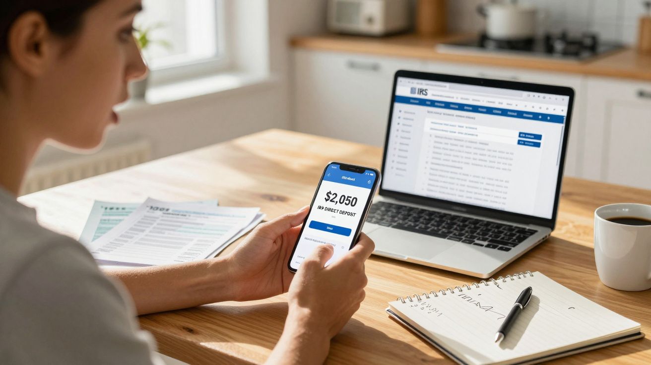 Pessoa sentada a usar telemóvel com valor de depósito direto e computador com site do IRS aberto numa cozinha.