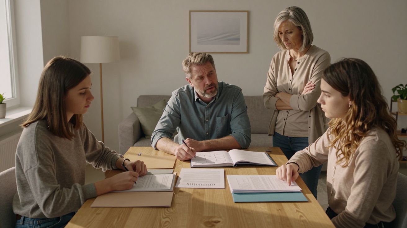 Grupo de quatro pessoas em discussão à volta de uma mesa com documentos e cadernos numa sala luminosa.