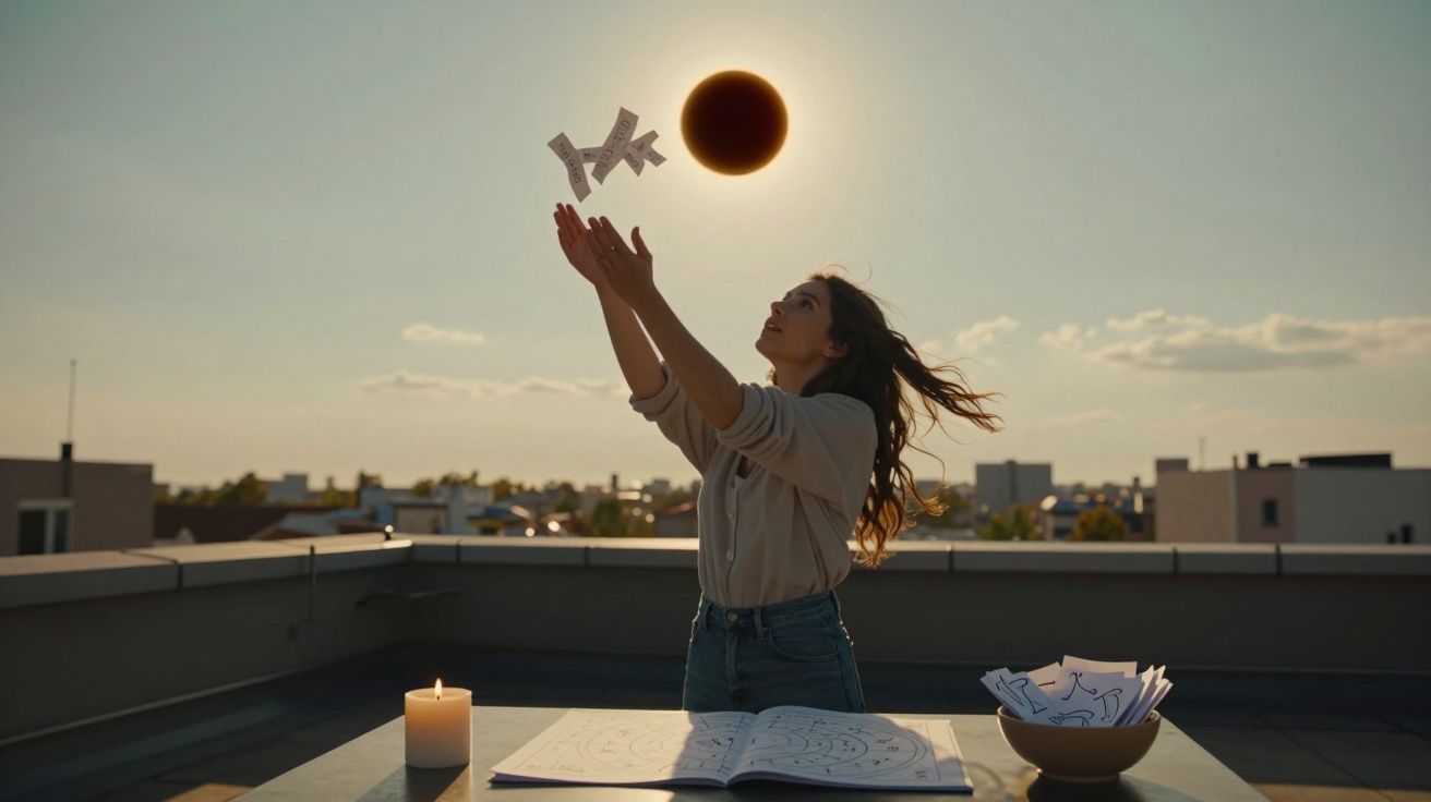 Mulher lançando cartas de tarot ao ar numa cobertura ao pôr do sol com vela acesa e livro aberto.