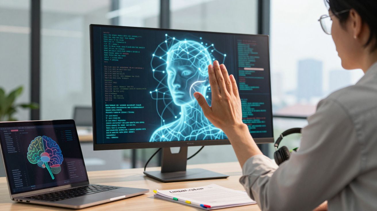 Pessoa interage com ecrã que mostra rosto humano digital e laptop com imagem do cérebro num escritório moderno.