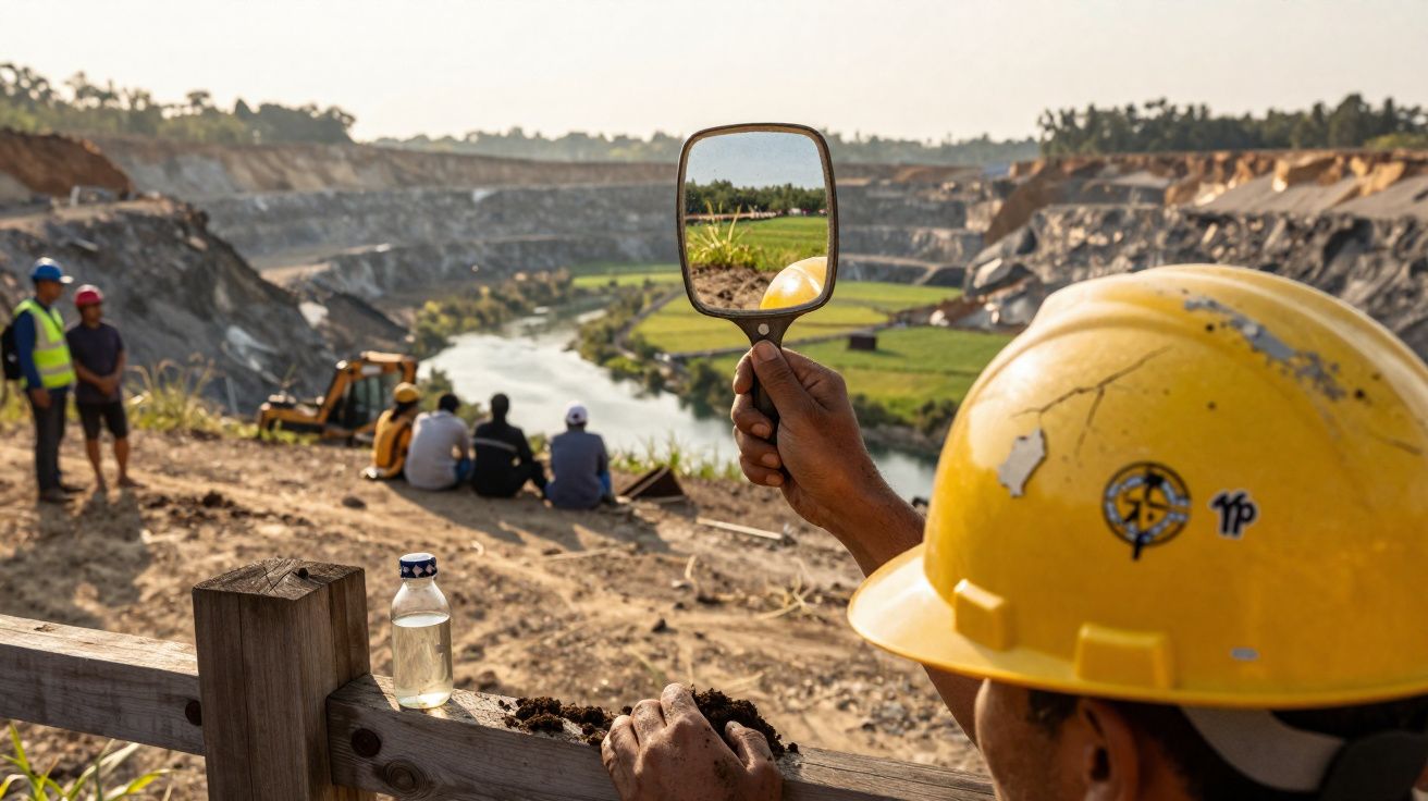 Trabalhador de capacete amarelo segura espelho refletindo rio e vegetação numa área de construção.