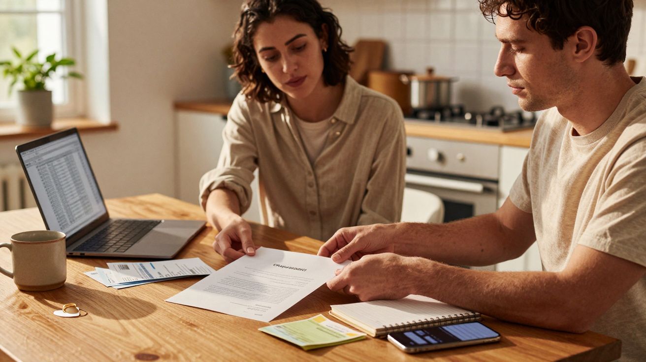 Homem e mulher sentados à mesa da cozinha a analisar documentos e finanças juntos.