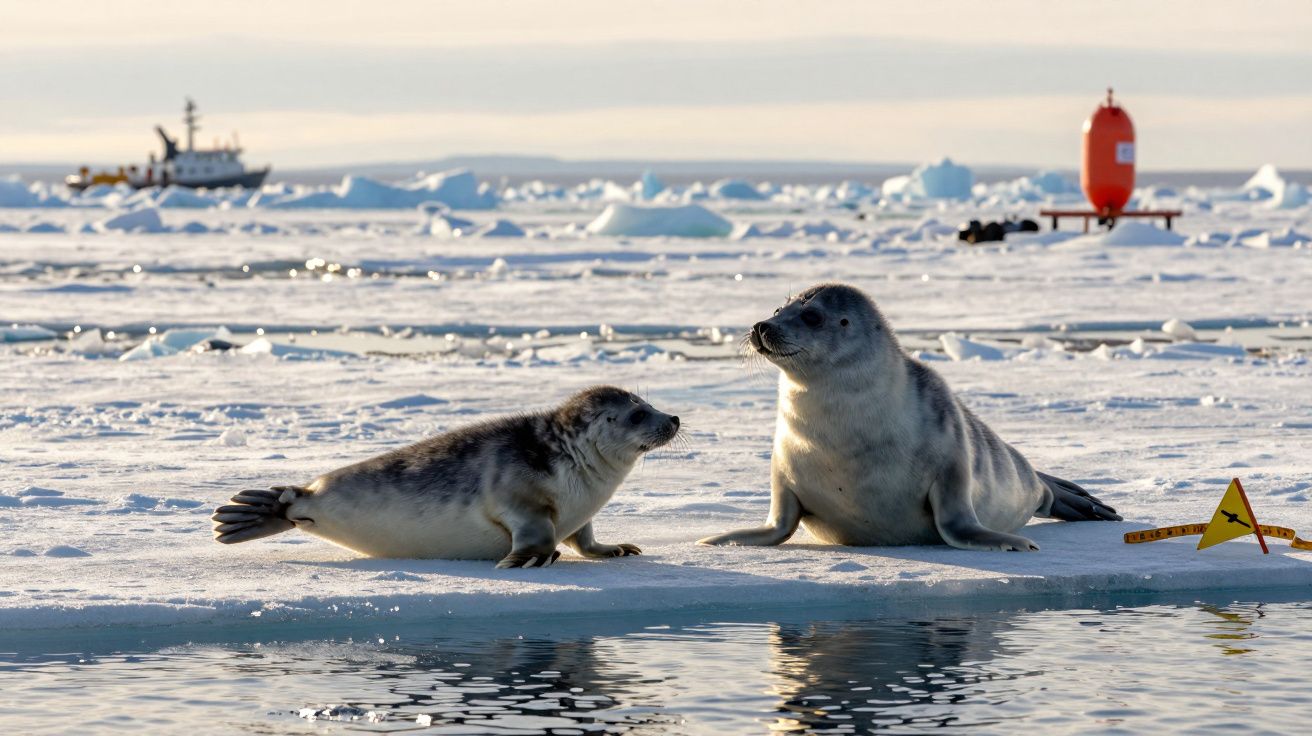 Duas focas sobre uma plataforma de gelo no mar gelado, com icebergues e um barco ao fundo.