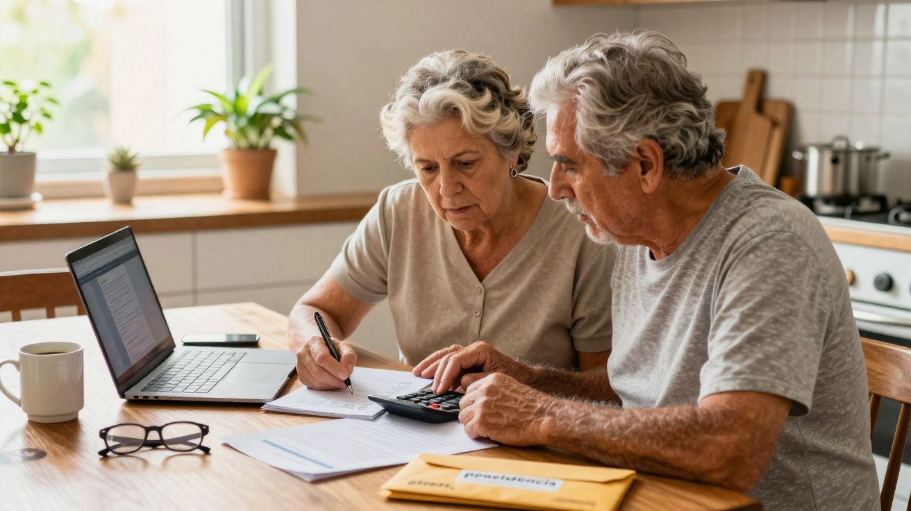 Casal sénior sentado à mesa a calcular despesas com laptop, cadernos e documentos em casa.