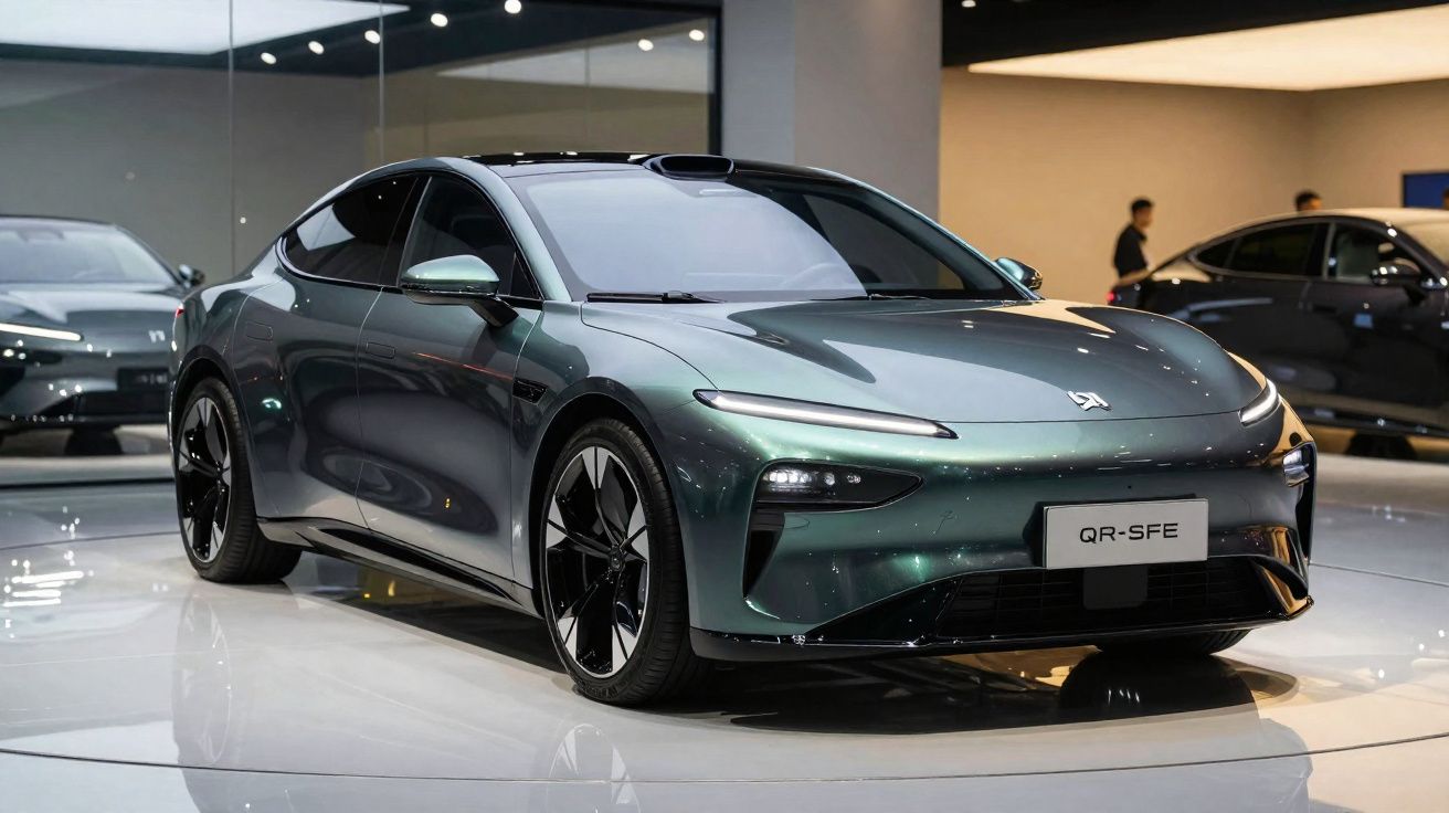 Carro elétrico cinza metálico modelo QR-SFE exposto em showroom moderno, com design aerodinâmico e rodas pretas.