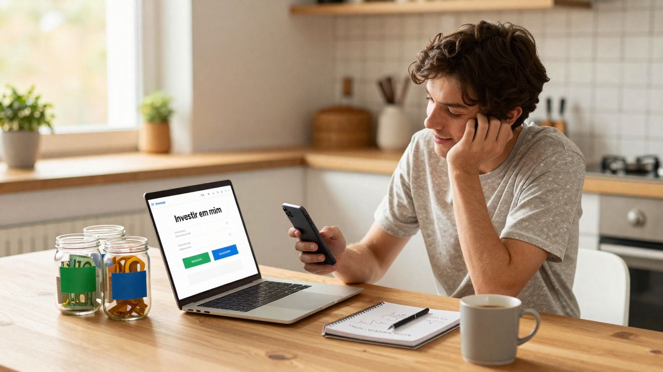 Homem jovem a consultar o telemóvel sentado numa mesa com computador, cadernos e frascos de moedas.