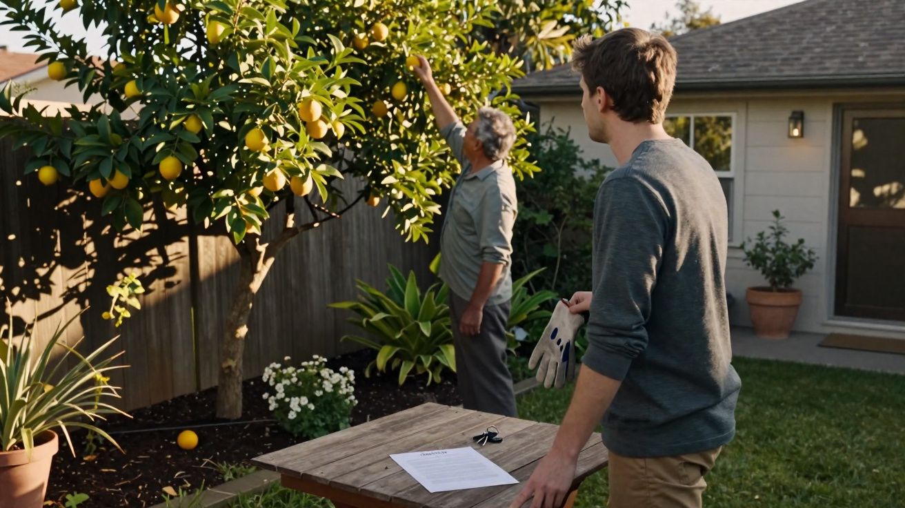 Homem mais velho apanha frutos de uma árvore no jardim enquanto jovem observa com luvas na mão.