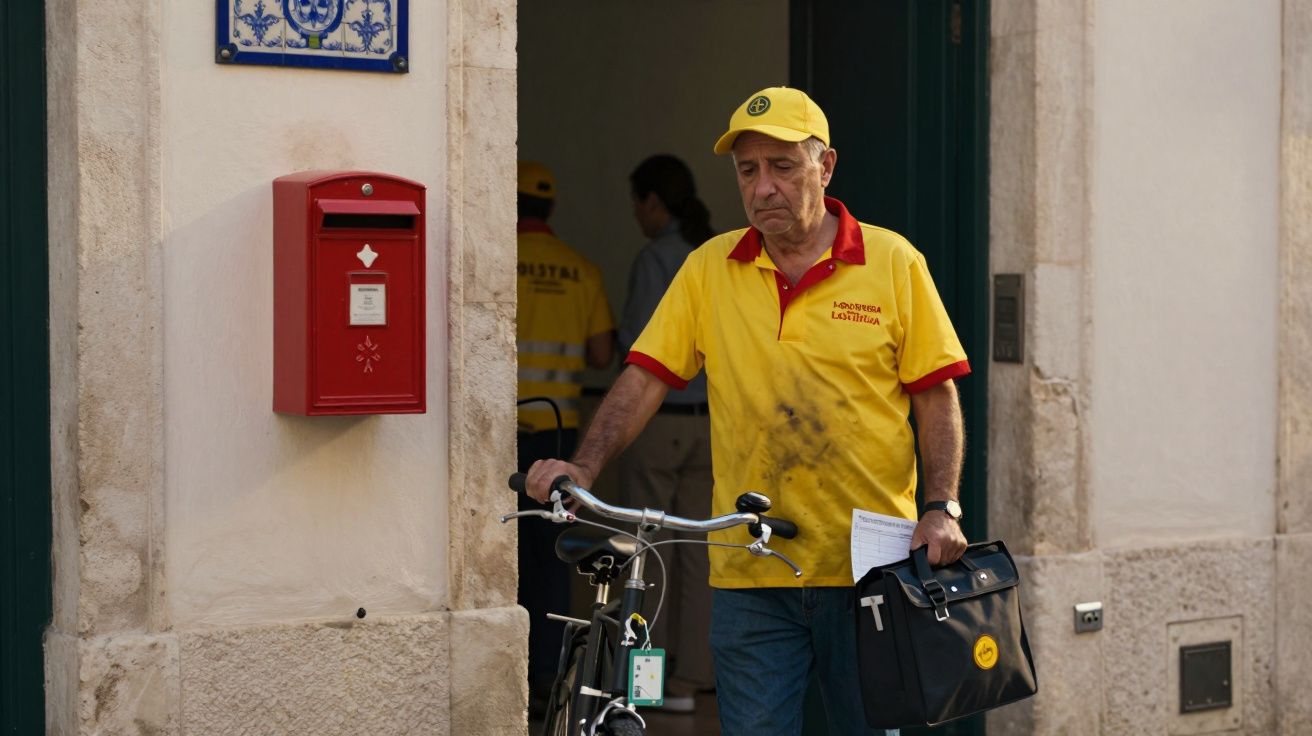 Carteiro com uniforme amarelo e boné a empurrar bicicleta perto de caixa de correio vermelha na parede.