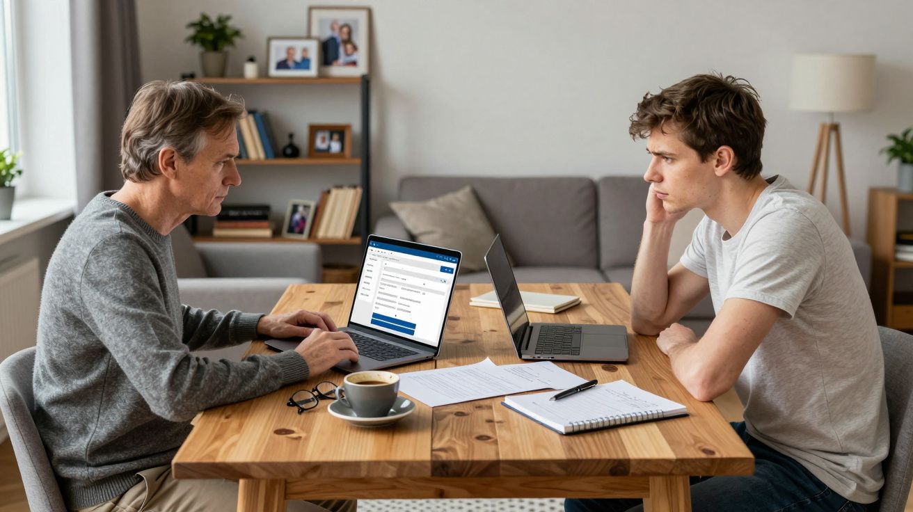 Dois homens sentados à mesa com computadores portáteis e documentos, numa sala de estar.