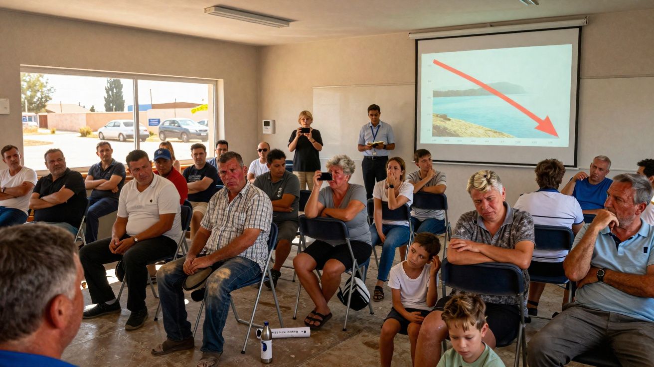Grupo de pessoas sentadas em reunião numa sala, com apresentação projetada na parede e uma seta vermelha na imagem.