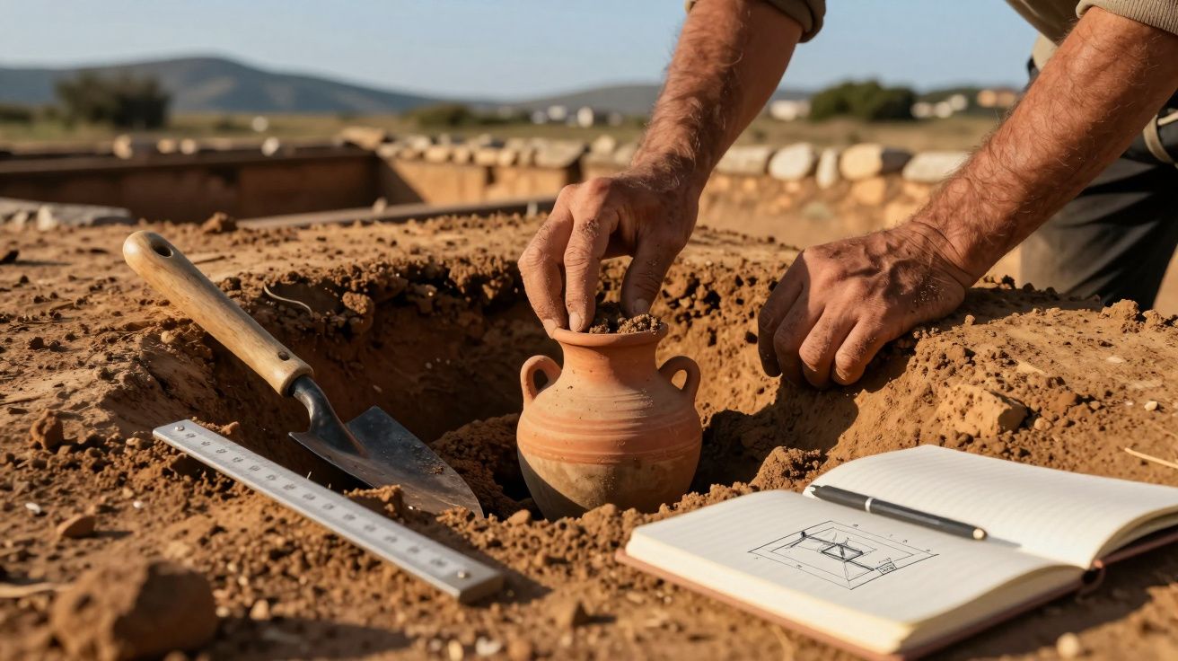 Mãos a desenterrar jarra de barro numa escavação arqueológica, com ferramentas e caderno ao lado.