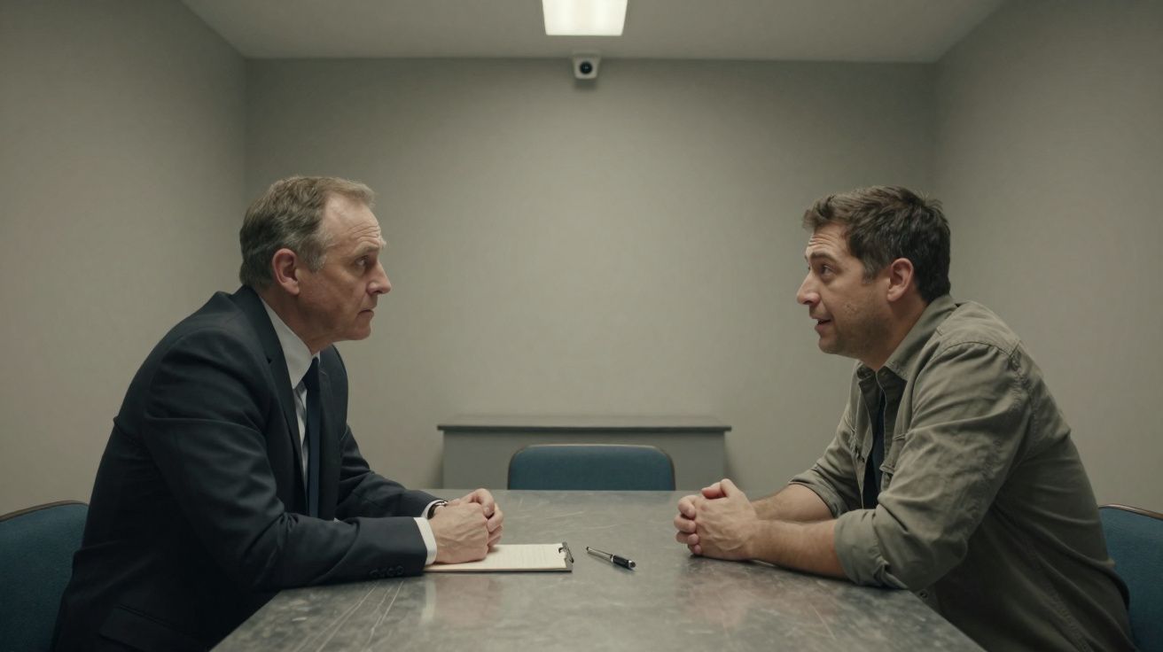 Duas homens sentados frente a frente numa sala de interrogatório, um com fato e outro de camisa casual.