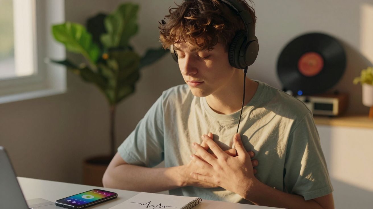 Jovem com auscultadores sentado à mesa a ouvir música com os olhos fechados e mãos no peito.