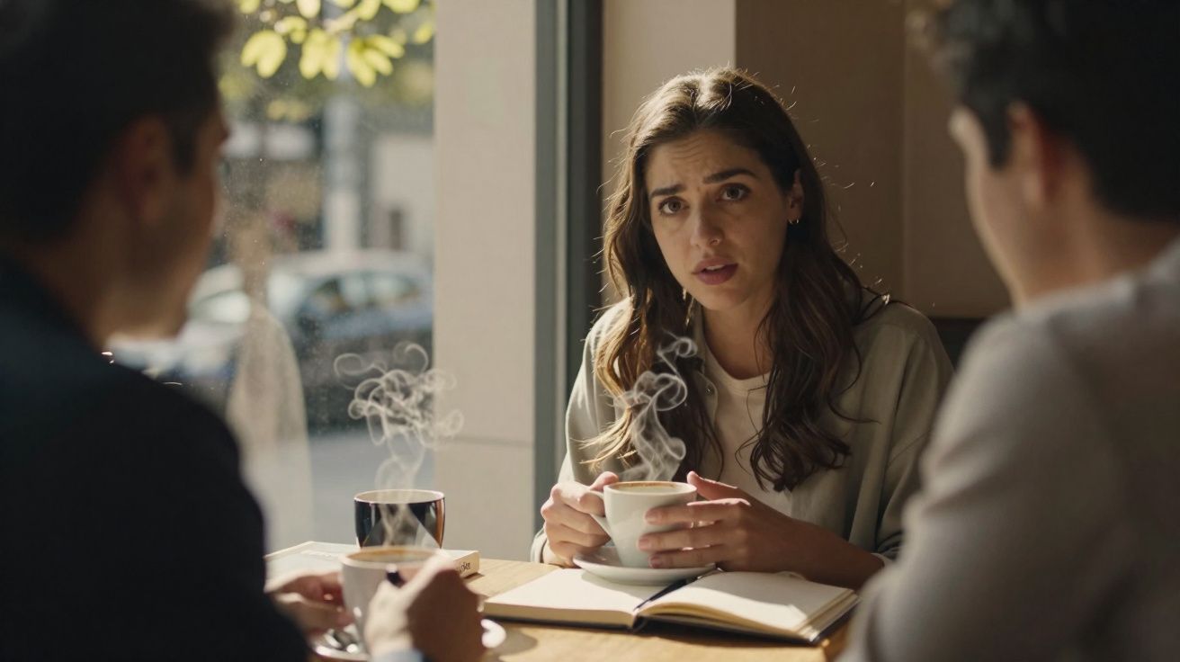 Mulher expressando preocupação durante conversa em café com duas pessoas, com bebidas quentes na mesa.