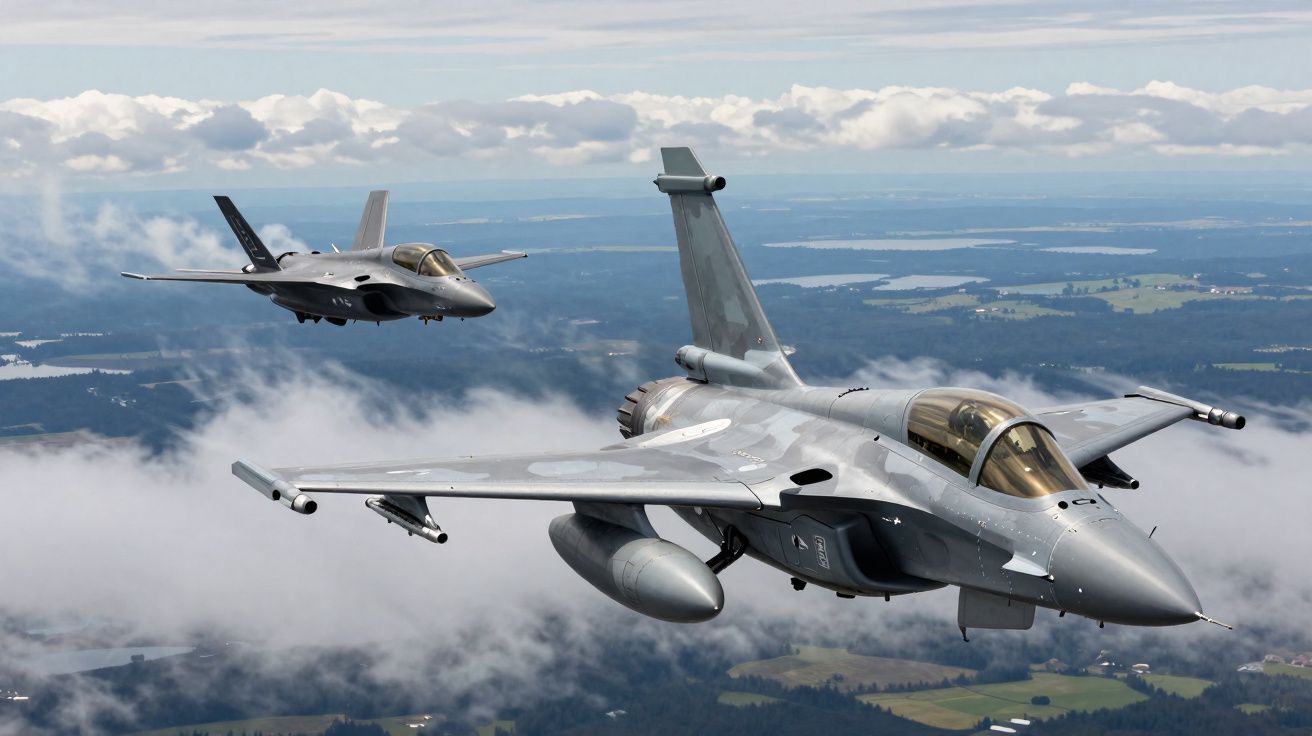 Dois aviões de combate militares a voar sobre nuvens e paisagem rural.
