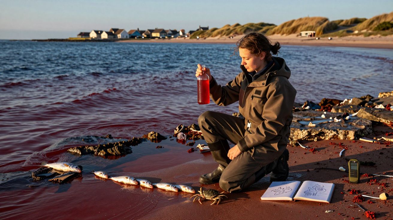 Jovem cientista recolhe amostra de água vermelha numa praia com peixes mortos e caderno de anotações.