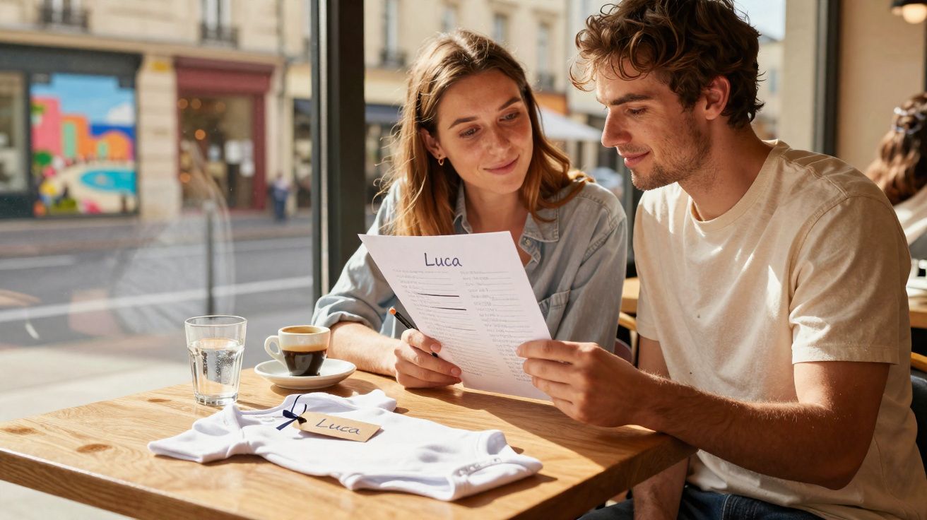 Casal sentado numa cafetaria a ler um papel com o nome Luca, com uma roupa de bebé na mesa.