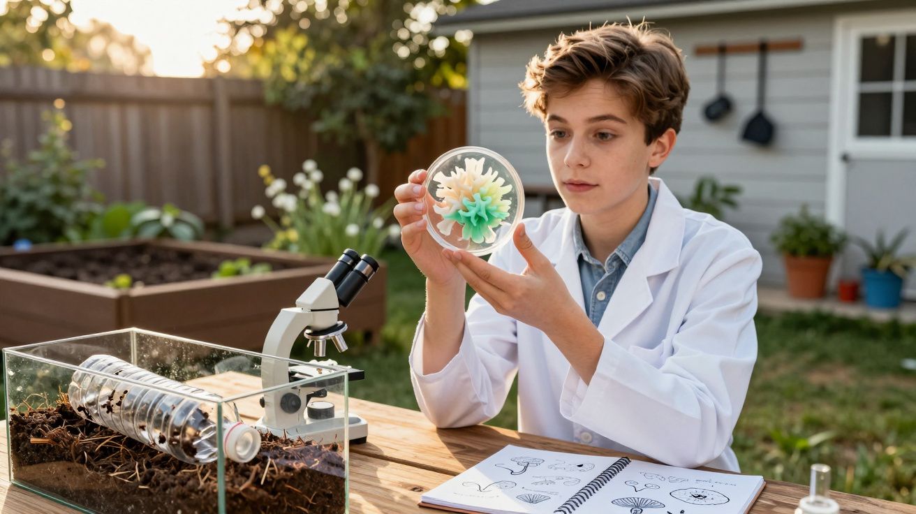Jovem em bata branca analisa objeto esférico com micro-organismos, ao ar livre, com microscópio e caderno de desenhos.