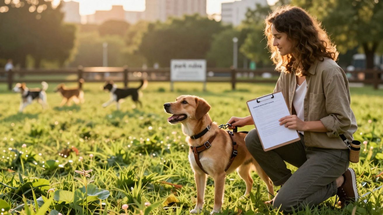 Mulher com prancheta agachada ao lado de cão castanho num parque verde ao pôr do sol.